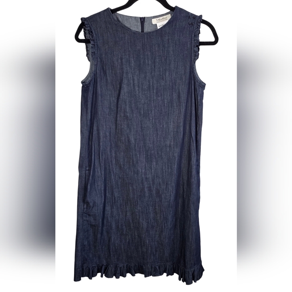 S Max Mara Denim Sleeveless Shift Dress Size US 6 Cotton Ruffle Hem Pockets - Picture 5 of 13